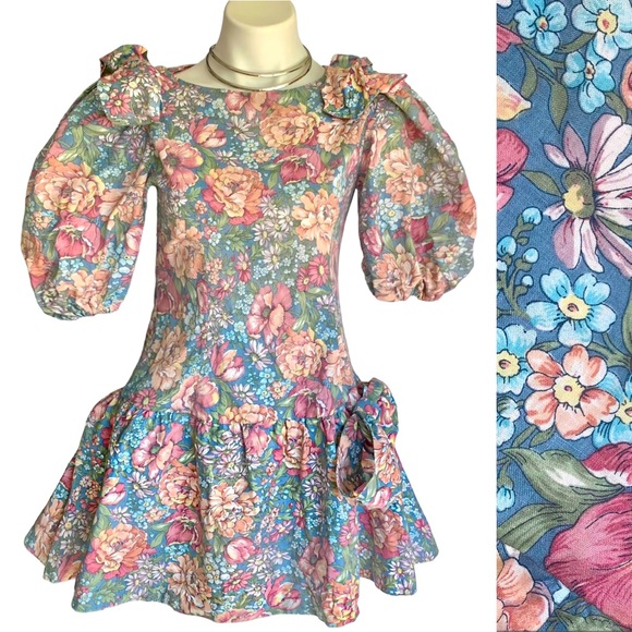 Vintage Dresses & Skirts - v i n t a g e :: Fairycore Babydoll Puff Sleeve Bow Whimsy Floral Mini Dress